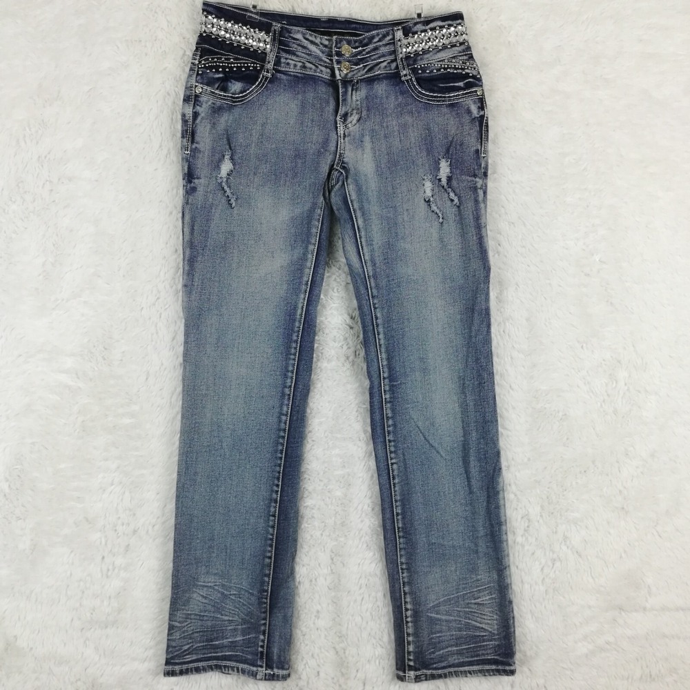 Virgin Only Jeans Womens Straight Leg Blue Denim Jeweled Studded Stone Wash 30
